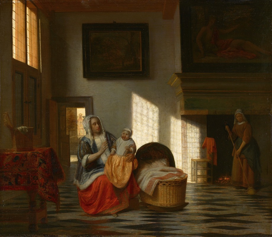 Pieter De Hooch - Interior with mother and child, ‘Mother joy’