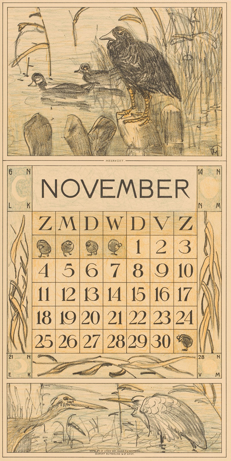 Theo van Hoytema - Kalenderblad november met meerkoet op een paal