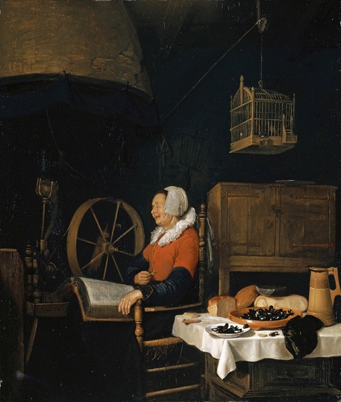 Quirijn Van Brekelenkam - Woman next to a Spinning Wheel, Asleep over her Reading