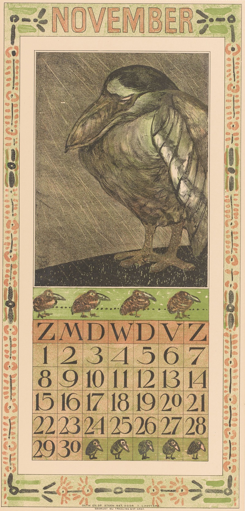 Theo van Hoytema - Kalenderblad november met vogel in de regen