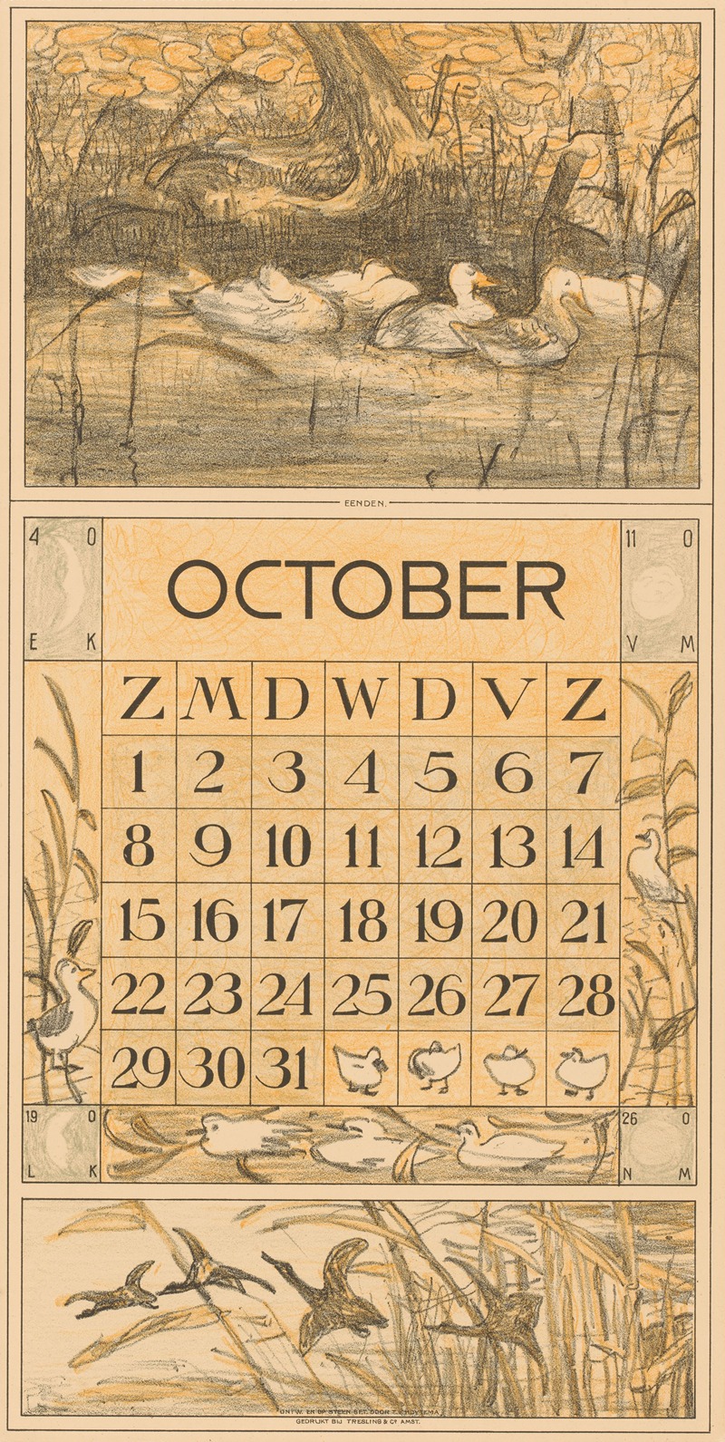 Theo van Hoytema - Kalenderblad oktober met eenden