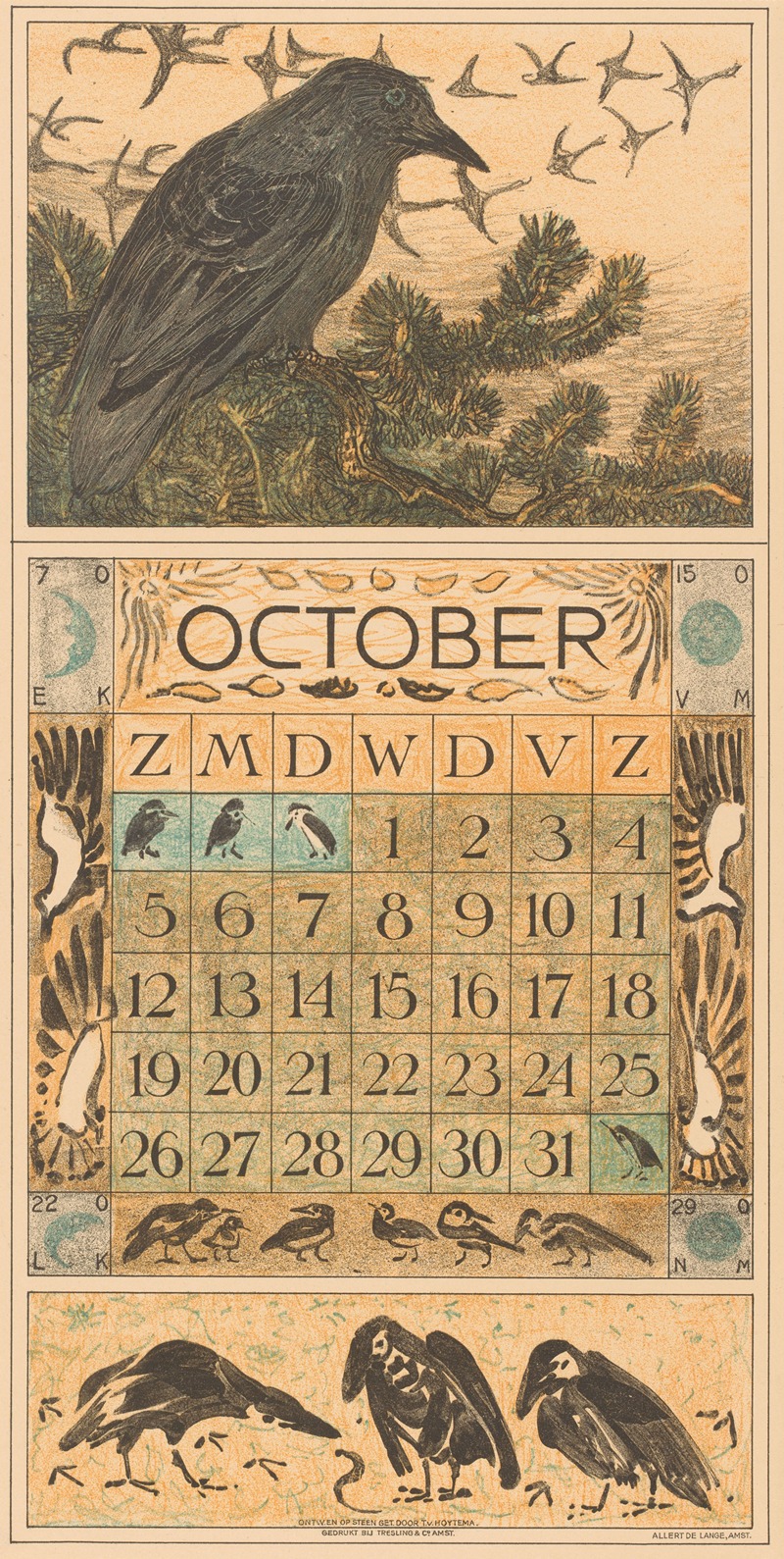 Theo van Hoytema - Kalenderblad oktober met kraai