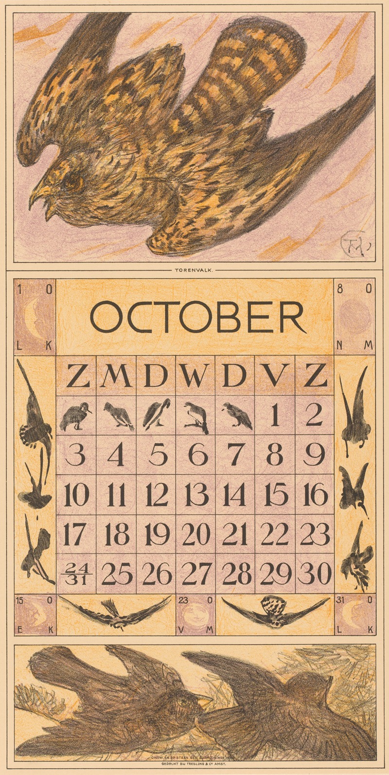 Theo van Hoytema - Kalenderblad oktober met torenvalk