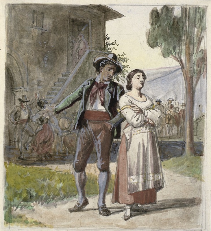 Wilhelm Marstrand - Ungt par, der er uenige, i baggrunden dansende foran et hus