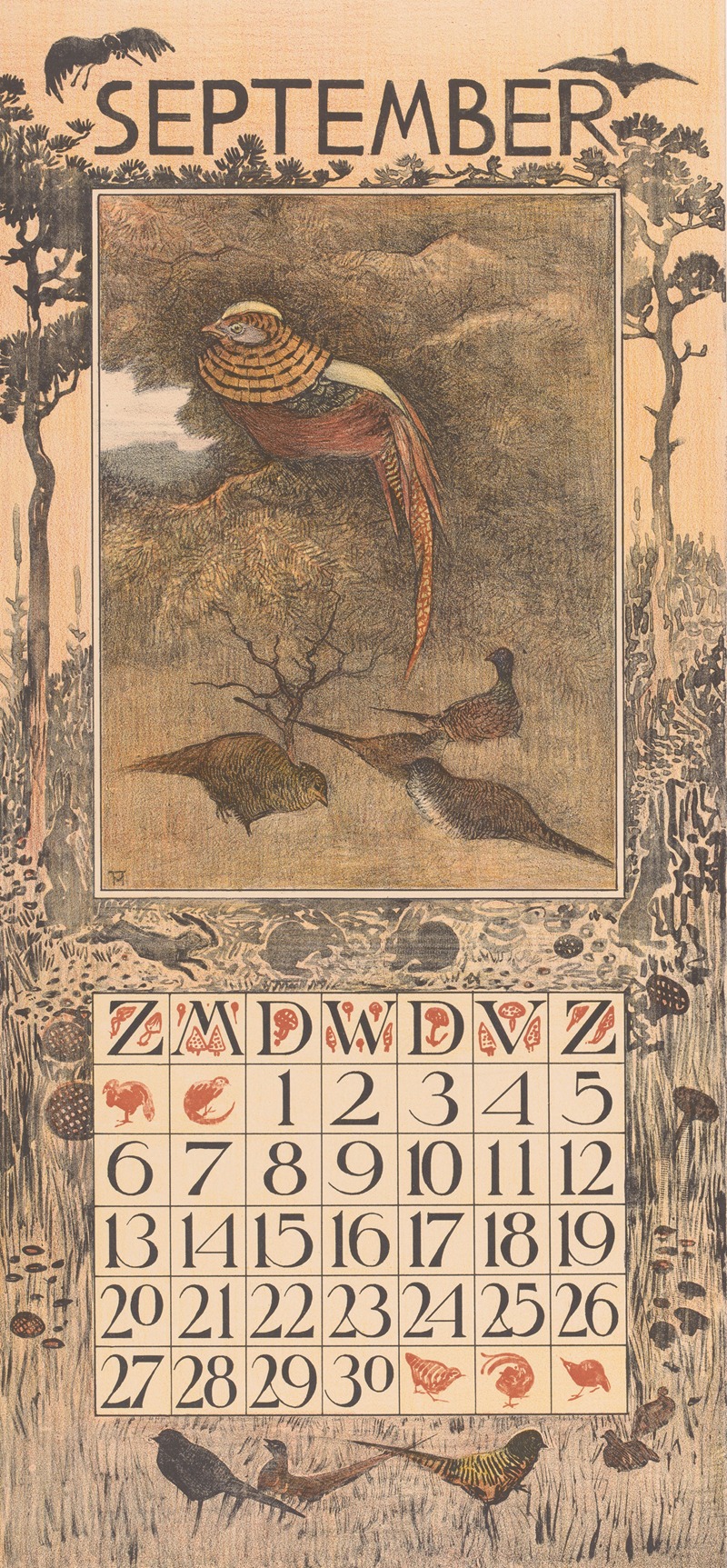 Theo van Hoytema - Kalenderblad september met fazanten