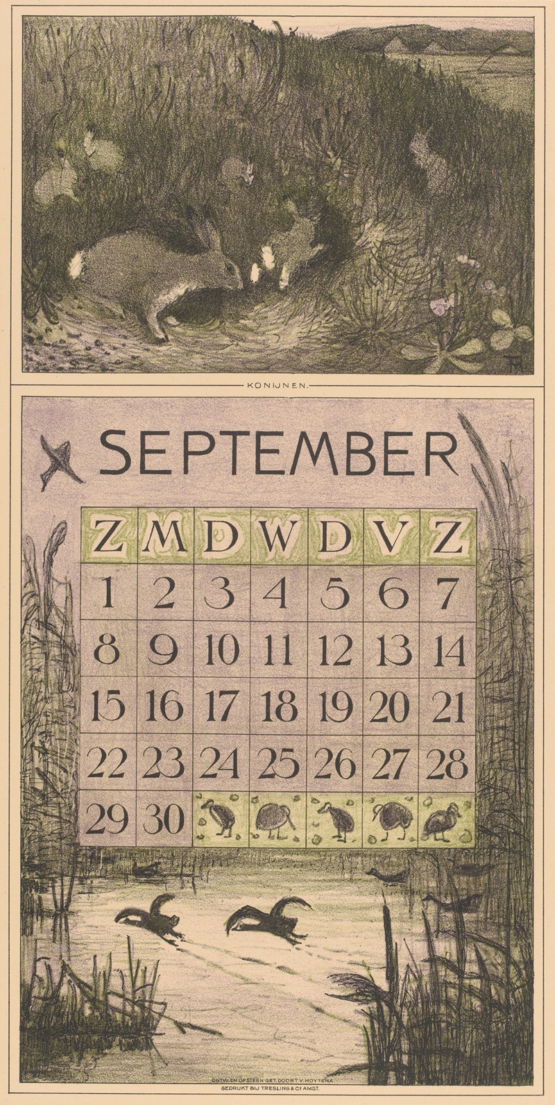 Theo van Hoytema - Kalenderblad september met konijnen