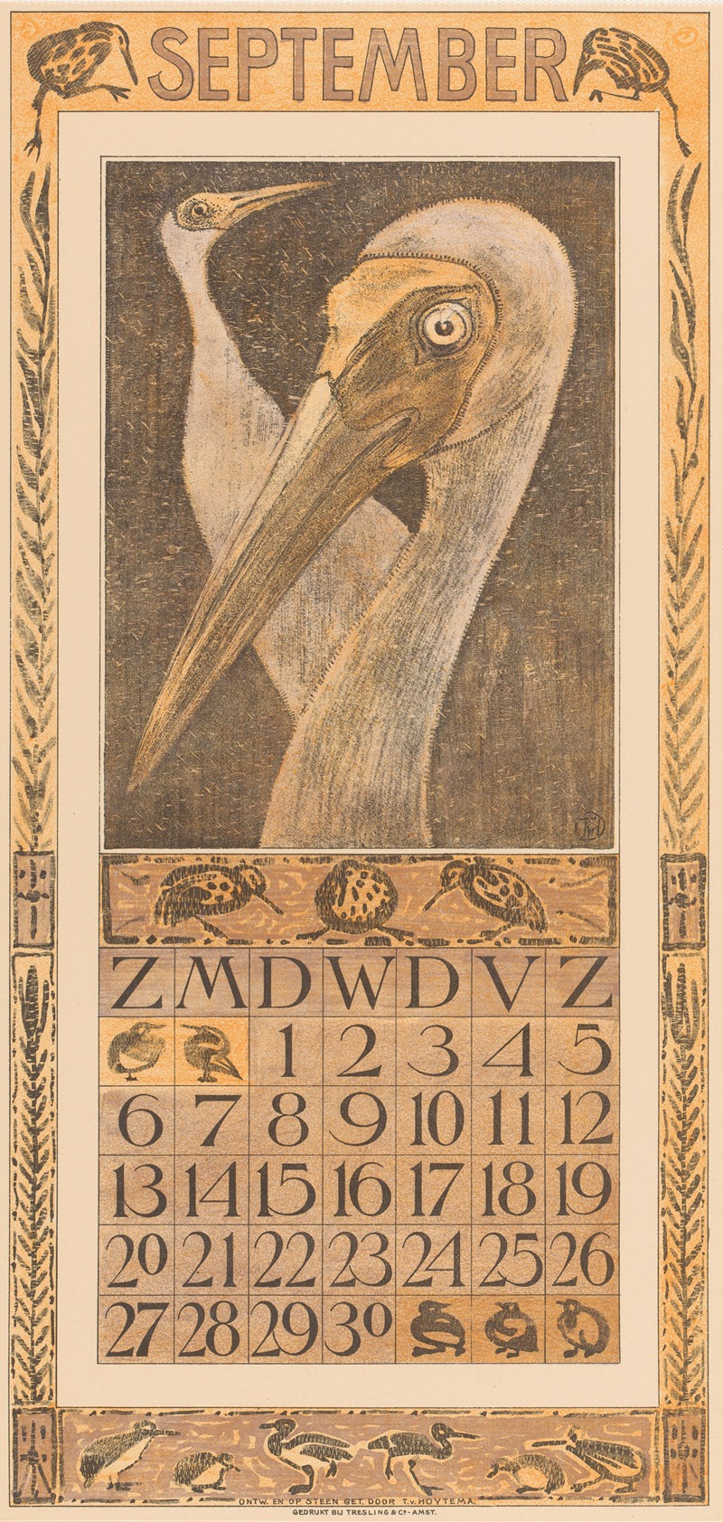 Theo van Hoytema - Kalenderblad september met twee vogels