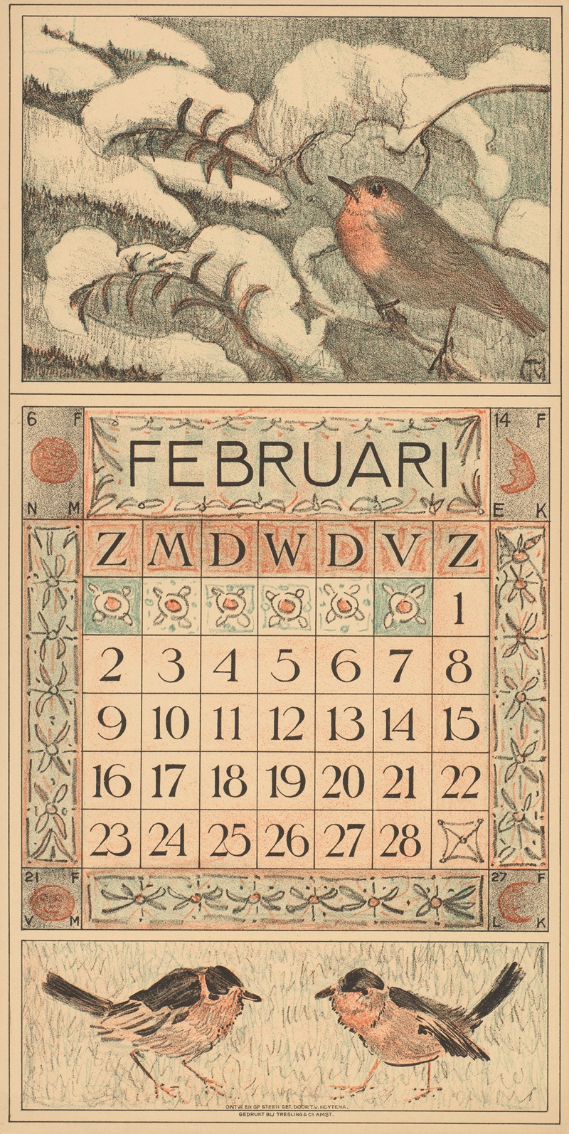 Theo van Hoytema - Kalenderblad voor februari 1913 met een roodborstje op een besneeuwde boomtak