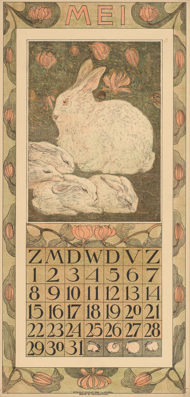 Theo van Hoytema - Kalenderblad voor mei 1910 met een wit konijn met vier jongen