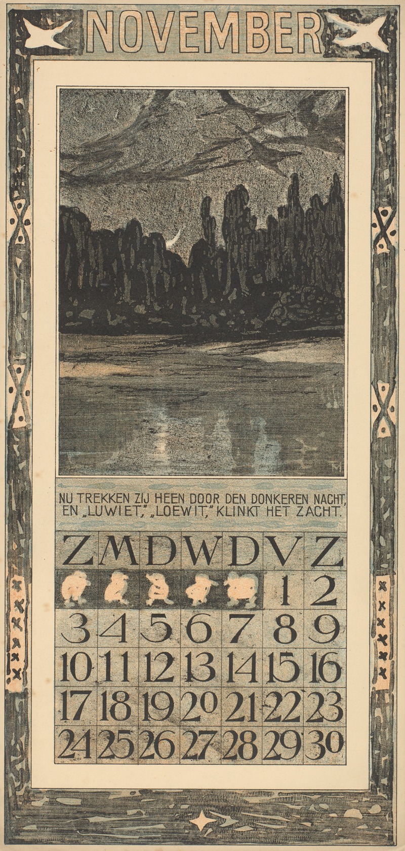 Theo van Hoytema - Kalenderblad voor november 1907 met trekvogels in een nachtlandschap