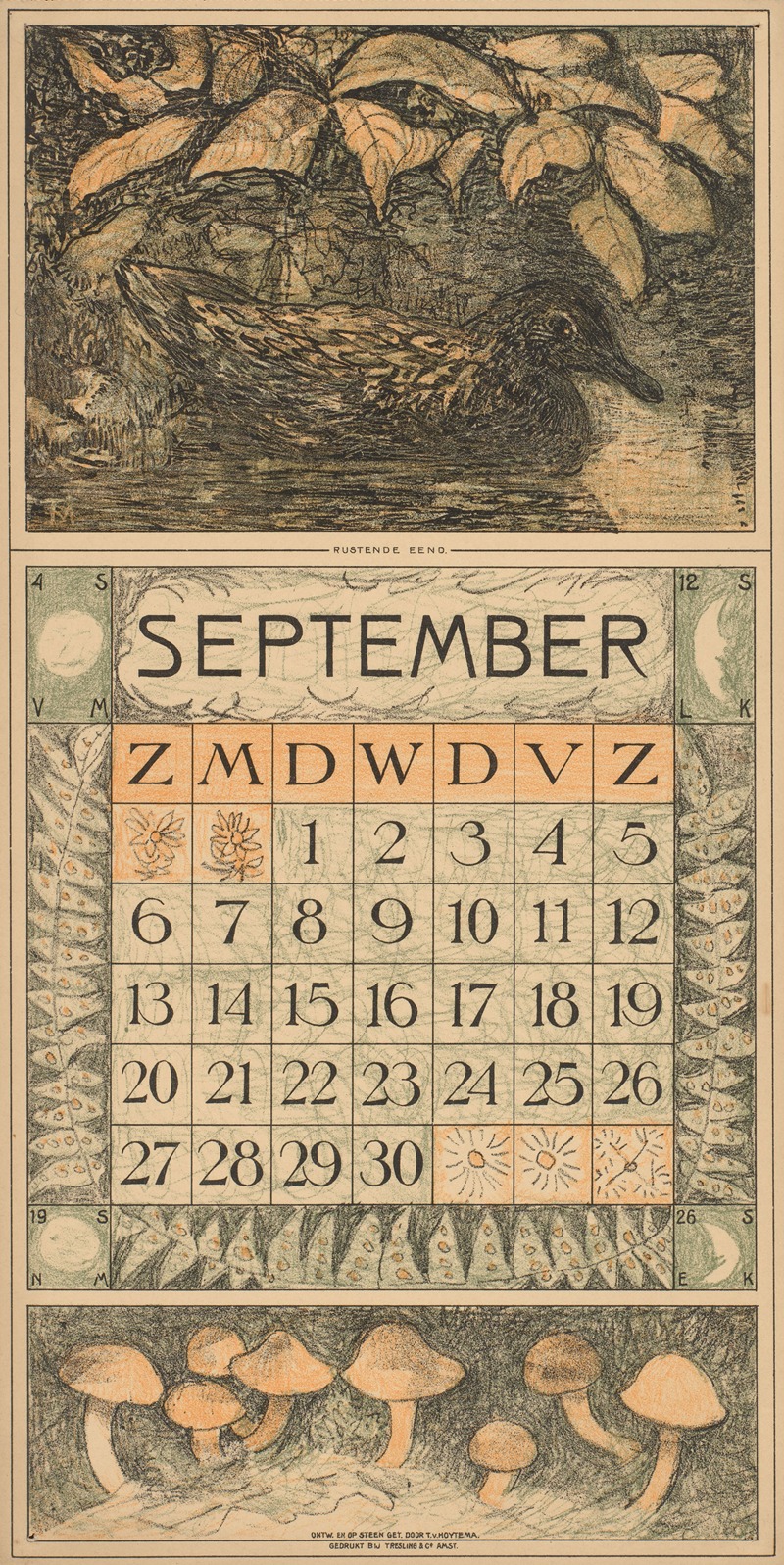 Theo van Hoytema - Kalenderblad voor september 1914 met een eend op het water
