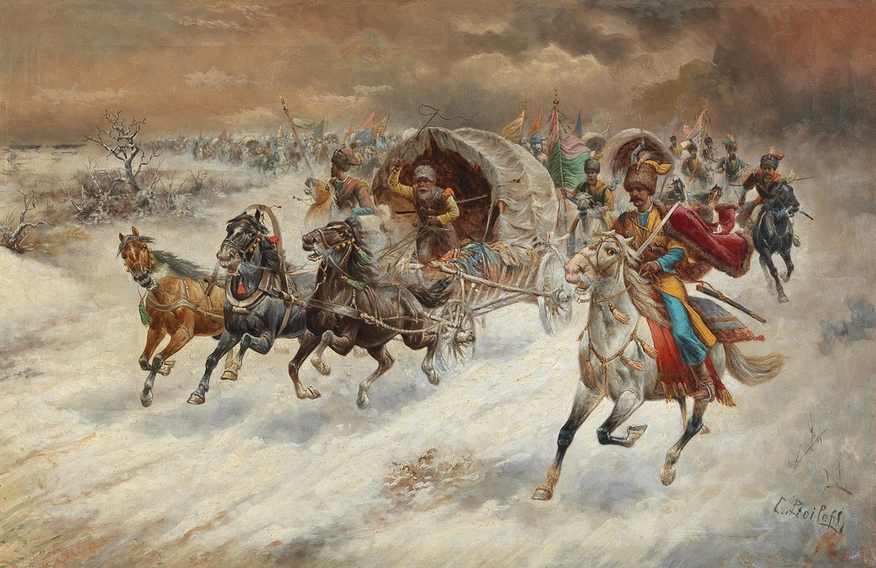 Adolf Baumgartner-Stoiloff - A Cossack Caravan In A Winter Landscape