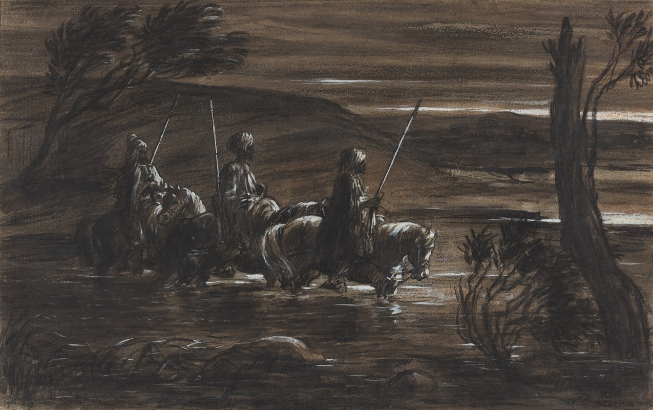 Alexandre-Gabriel Decamps - Three Arab Horsemen Crossing A River