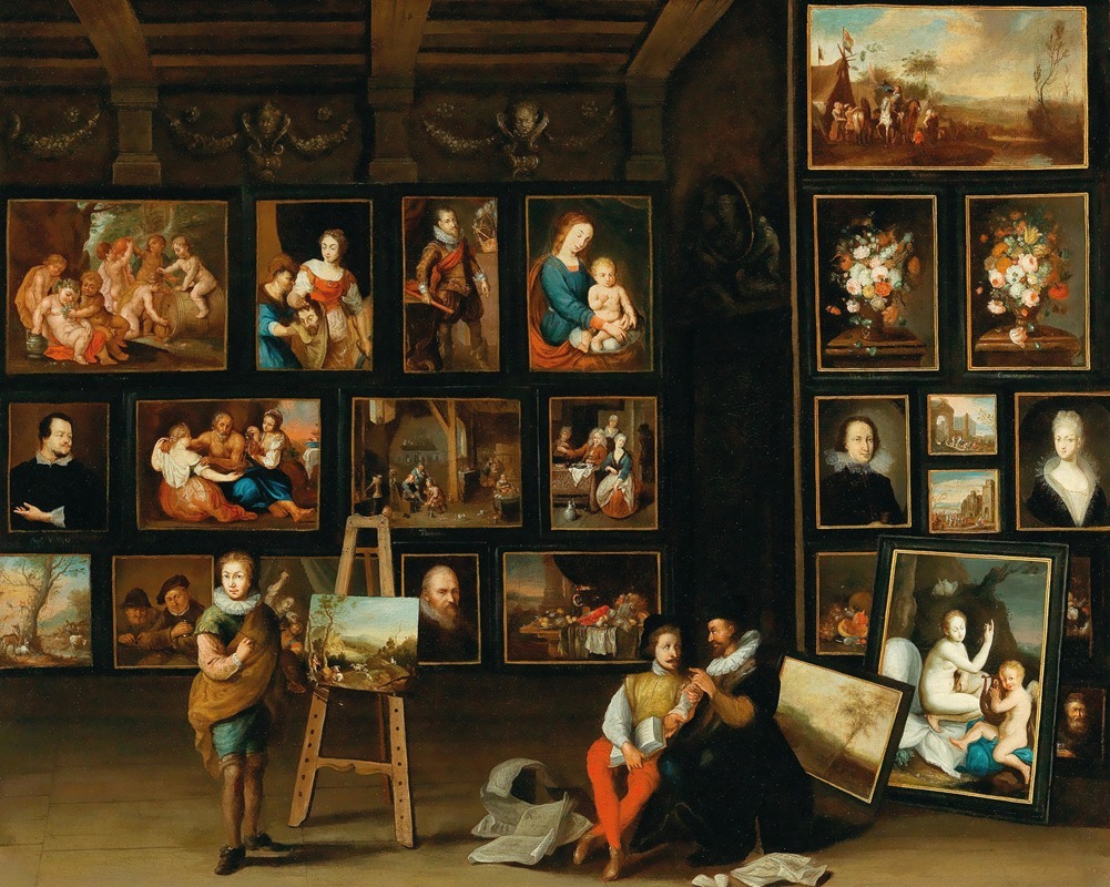 Anton Franz Hampisch - A Picture Gallery With Two Collectors And A Painter At His Easel