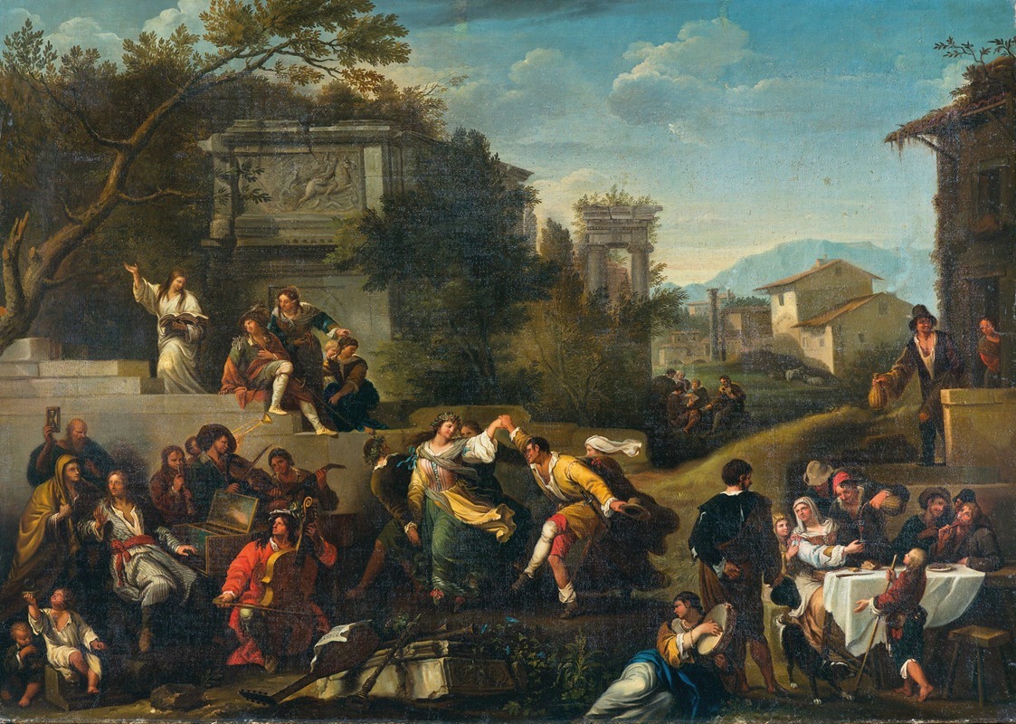 Bamboccianti School - Musicians And Dancing Figures In An Ideal Landscape With Ruins And Buildings Beyond