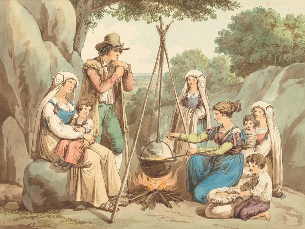 Bartolomeo Pinelli - A Peasant Family Cooking Over A Campfire