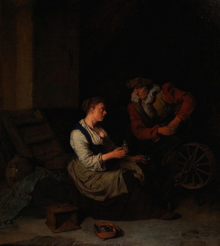 Cornelis Pietersz. Bega - A Suitor With A Woman At A Spinning Wheel