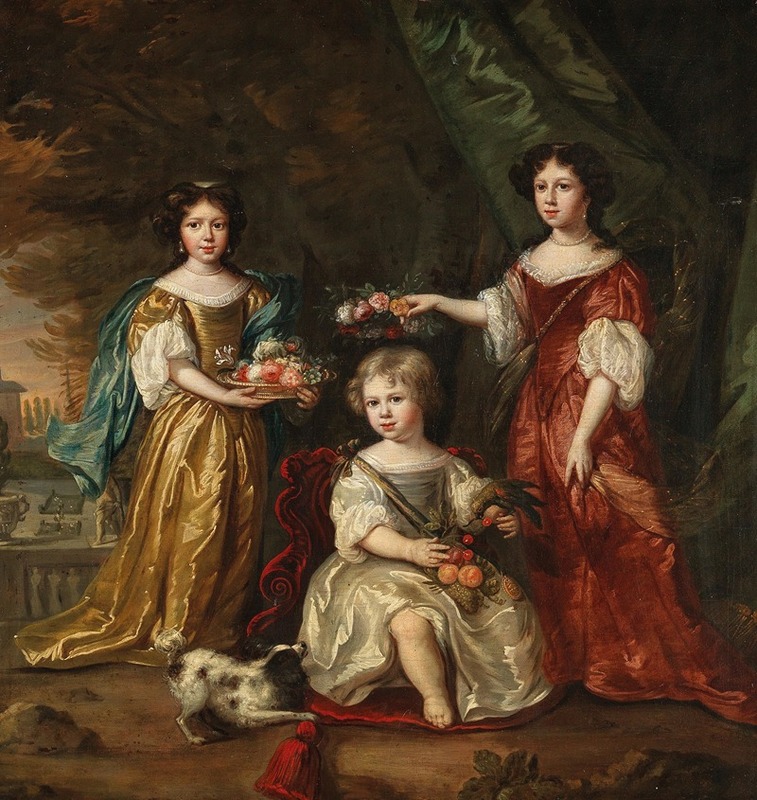 Dutch School - A Group Portrait Of Three Children In Elegant Dresses