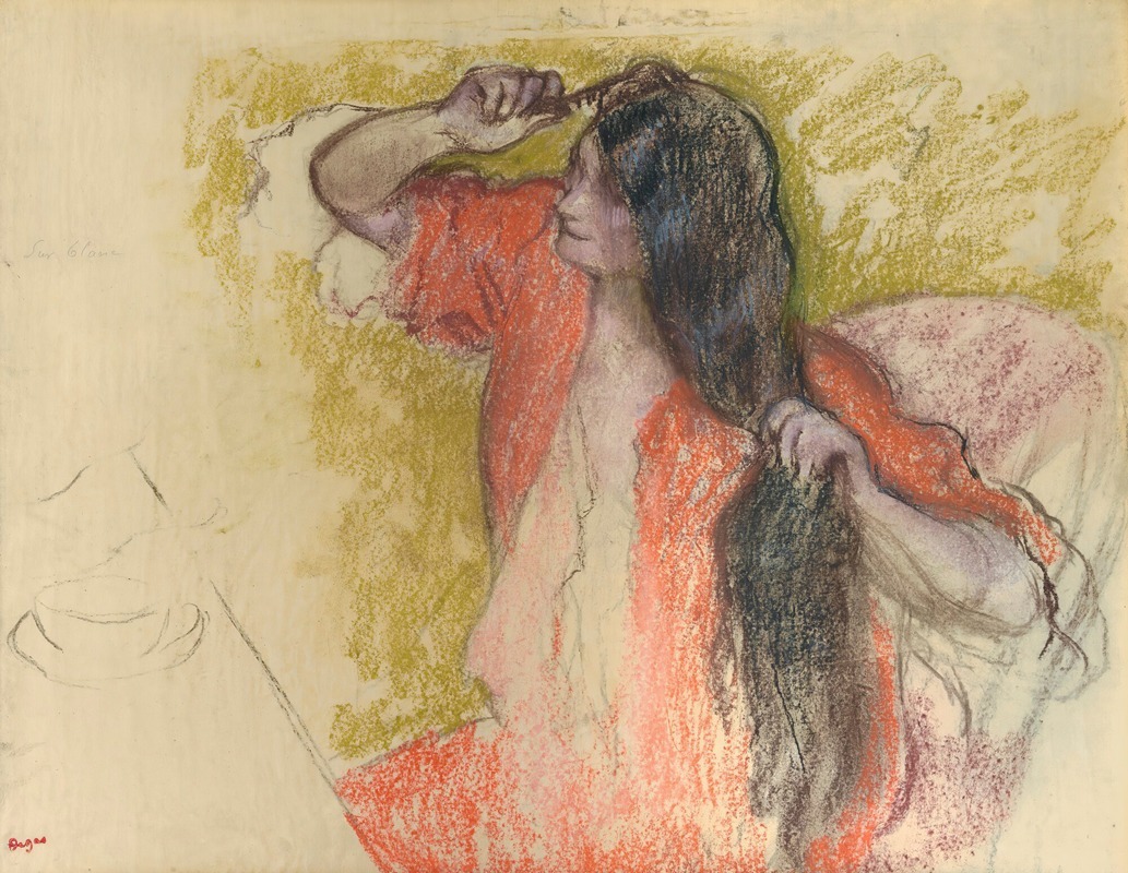 Edgar Degas - Femme En Peignoir Rouge Se Coiffant