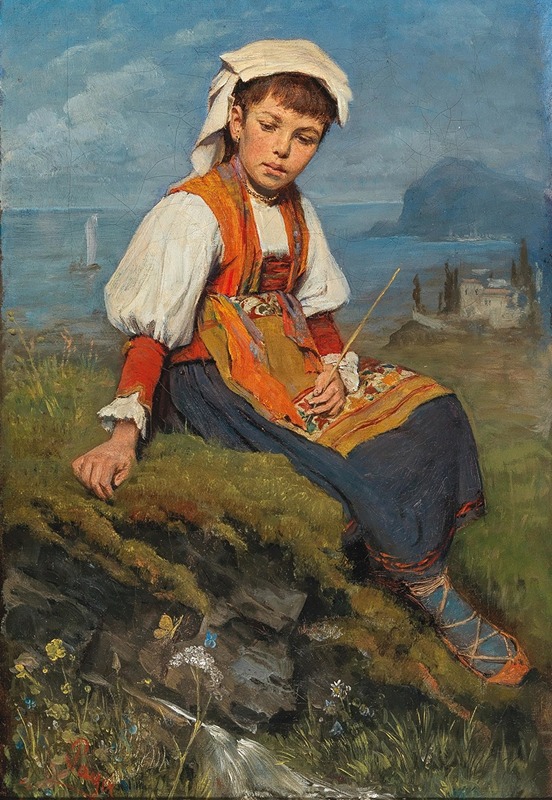 Ernst Payer - A Shepherd Girl Before A Coastal Landscape,