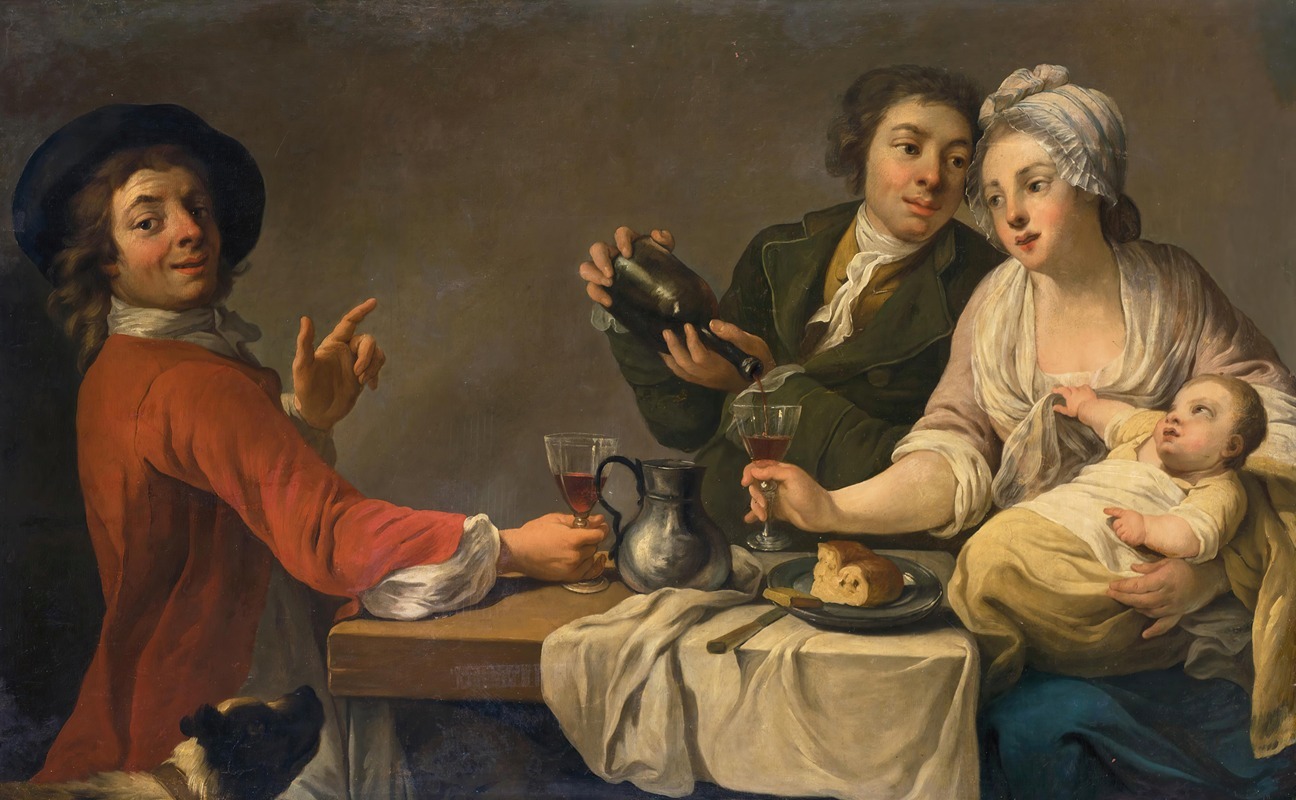 French School - Two Young Men And A Woman Holding A Child Seated At A Table, Drinking Wine