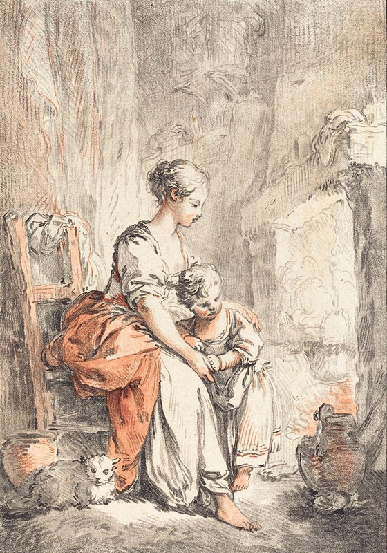 Gilles Demarteau the Elder - Woman And Child Before A Fireplace