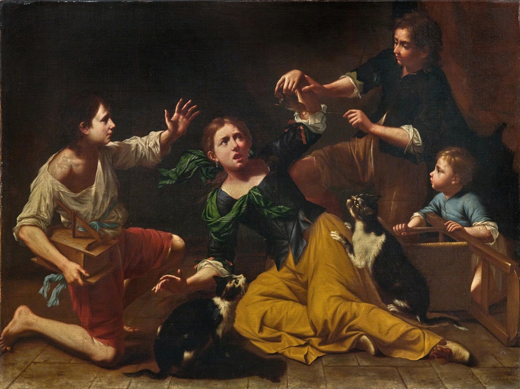 Master of the Armenti - Children Playing With Cats And A Mouse