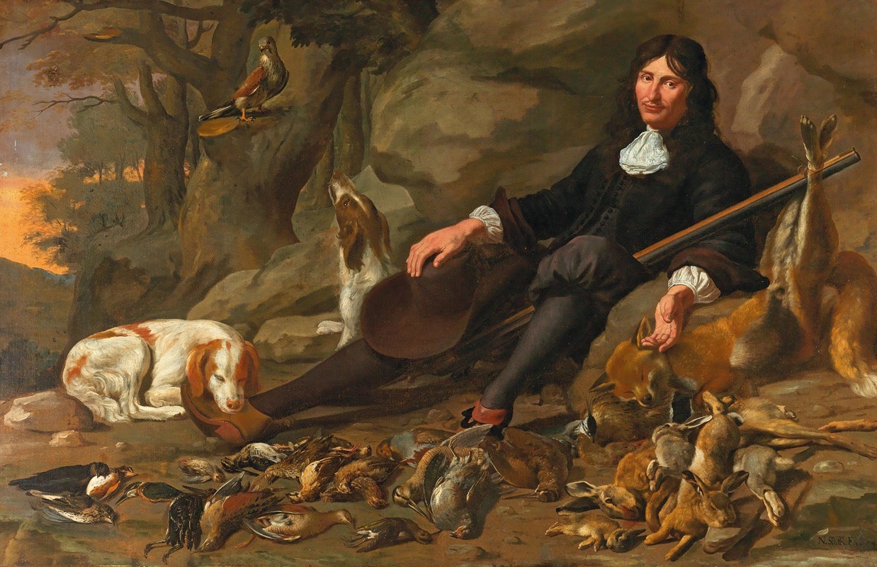 Nicolaas Stramot II - An Elegant Huntsman With His Dog And Game Resting In A Rocky Landscape, Oil On Canvas