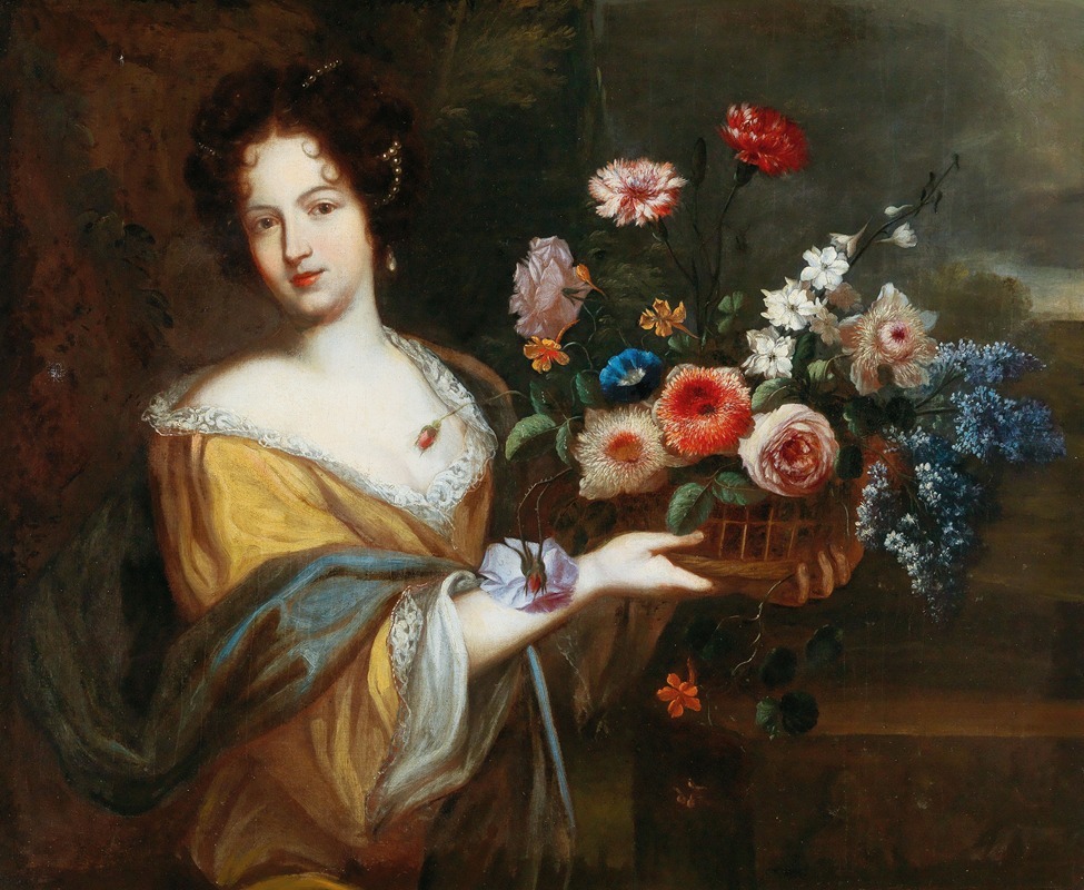 Roman School - A Young Woman Carrying A Basket Of Flowers