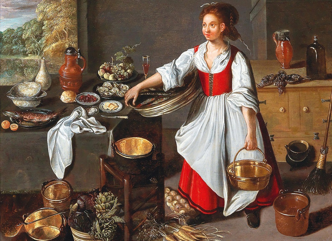 School Of Antwerp - A Kitchen Interior With A Servant