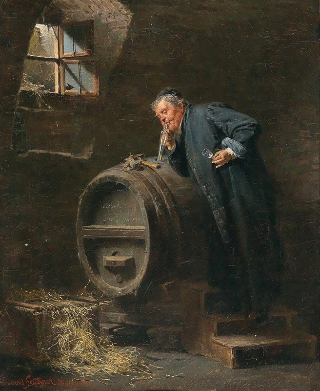 Eduard von Grützner - A monk in a wine cellar with a wine siphon