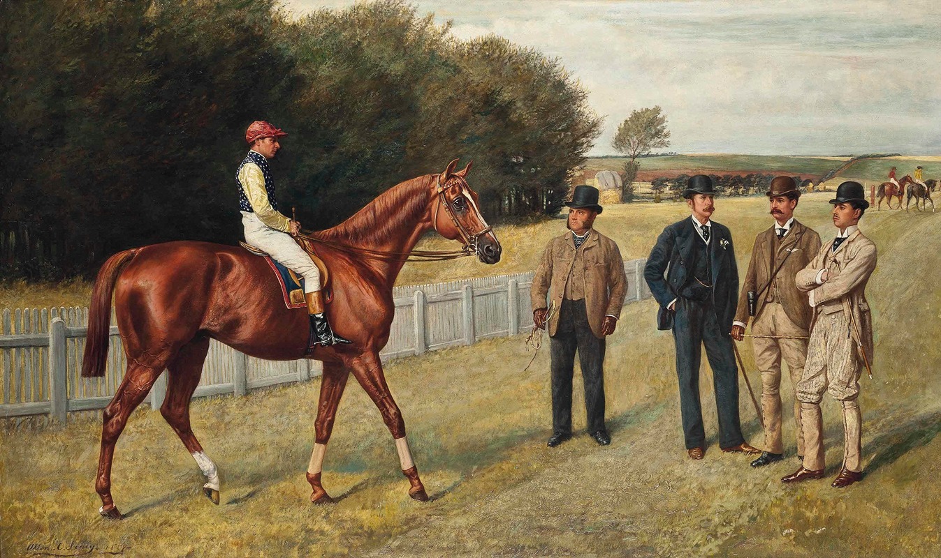 Allen Culpeper Sealy - The racehorse Kingswood with C. Wood up, the trainer Sherrad and Sir G. Chetwynnd, Bart., Lord Lurgan, and Mr E.H. Benson standing nearby