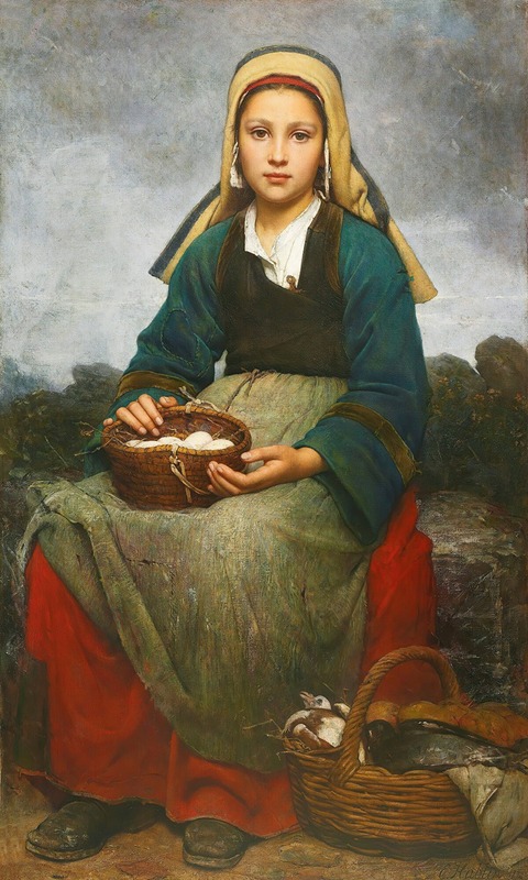 Emile-Auguste Hublin - A Young Girl Holding A Basket Of Eggs