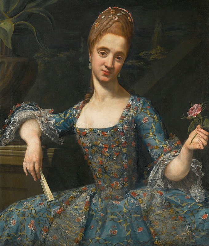 Giuseppe Baldrighi - Portrait Of A Lady In An Elaborately Embroidered Blue Dress