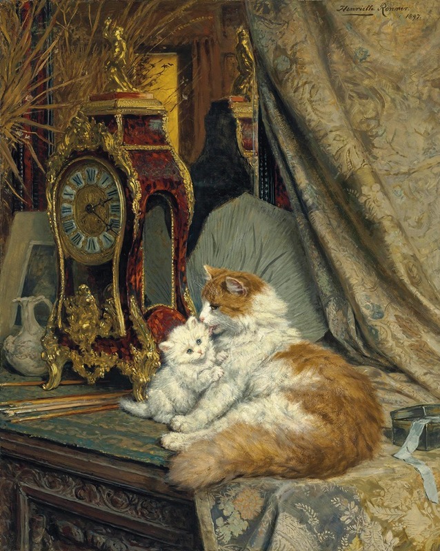 Henriëtte Ronner-Knip - A Mother Cat and her Kitten with a Bracket Clock