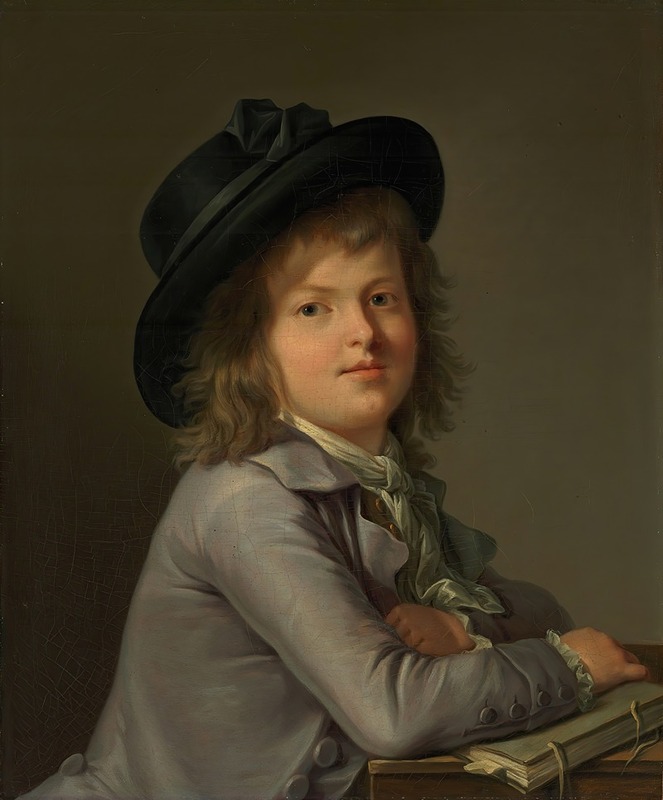 Marie Victoire Lemoine - Portrait of a boy, in a black hat, leaning on a portfolio