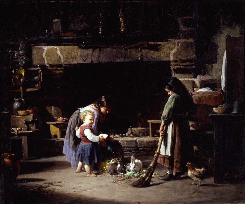 William Henry Lippincott - Farm Interior; Breton Children Feeding Rabbits
