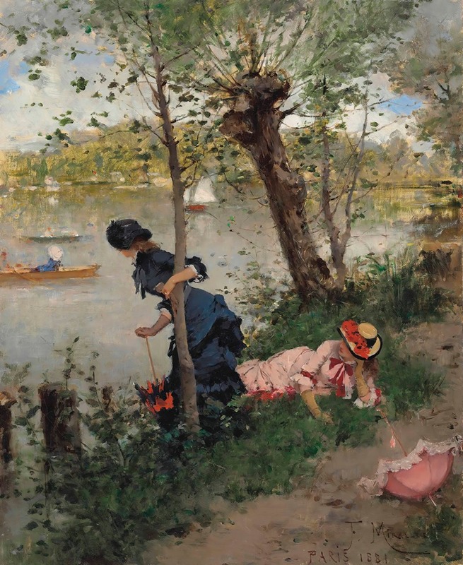 Francesc Miralles i Galaup - Elegant Ladies resting by a River