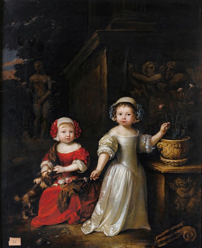 Caspar Netscher - Portrait of Two Young Girls In a Park, One Playing With A Dog, The Other Holding a Carnation From a Pot