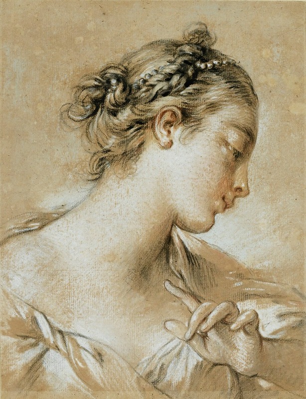François Boucher - Study of The Head of a Young Girl With Pearls In Her Hair