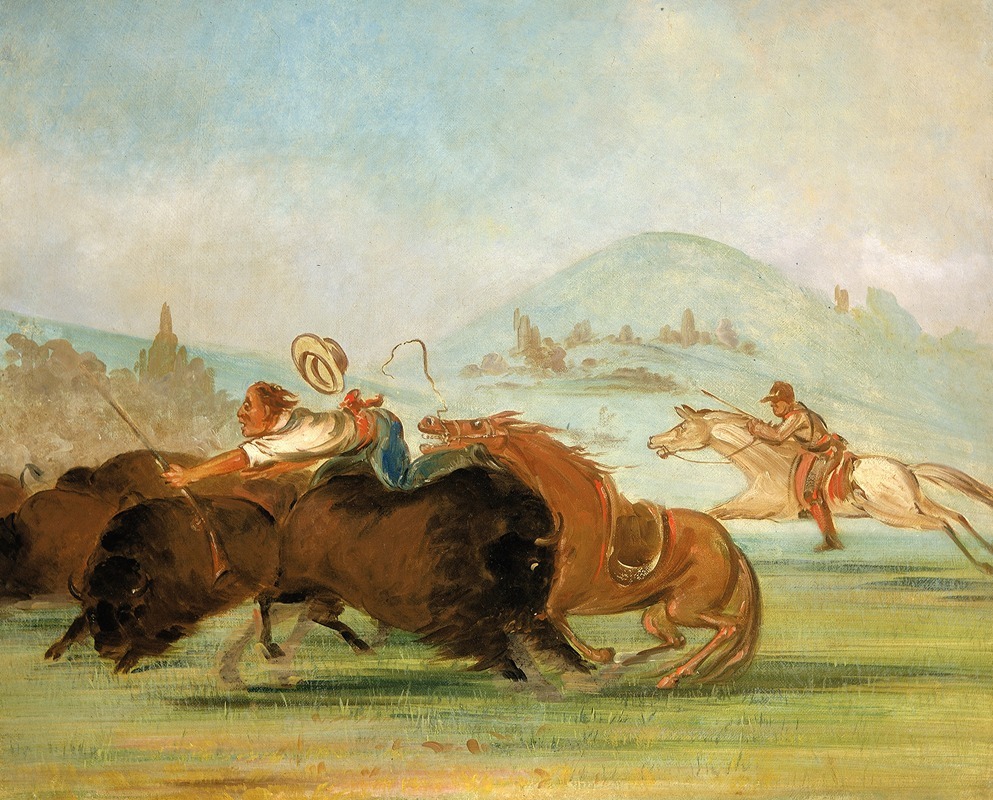 George Catlin - Batiste And I Running Buffalo, Mouth of The Yellowstone