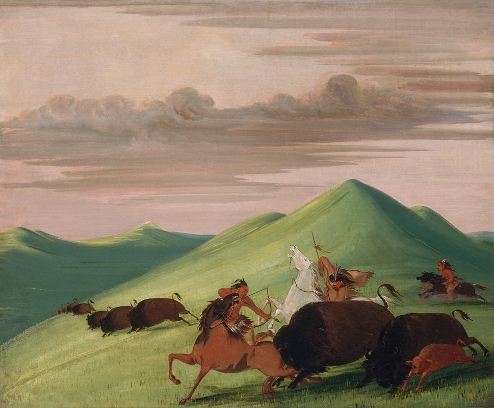 George Catlin - Buffalo Chase, Bull Protecting a Cow And Calf