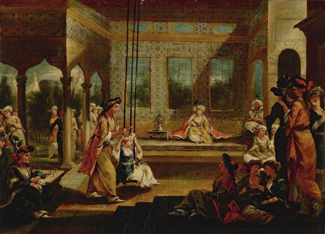 Giovanni Antonio Guardi - A Harem Scene With Soldiers Smoking And Odalisques Relaxing And Playing On a Swing In An Interior Courtyard