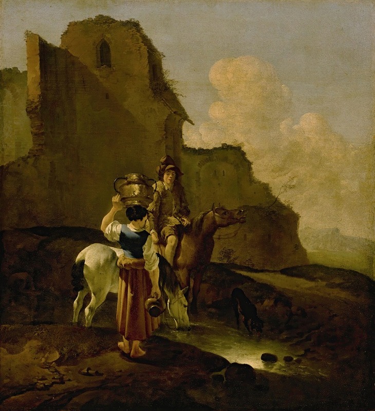 Karel Dujardin - An Italianate Landscape With Two Peasants And Horses Near Ruins