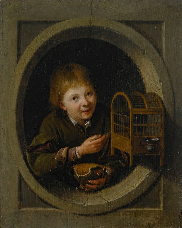 Pieter Cornelisz van Slingelandt - Boy In a Window With a Birdcage