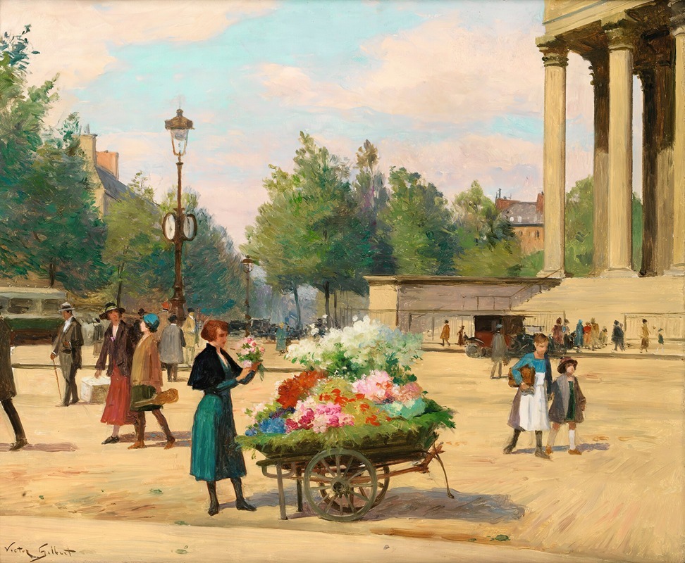 Victor Gabriel Gilbert - Flower Vendor Before The Madeleine Church, Paris