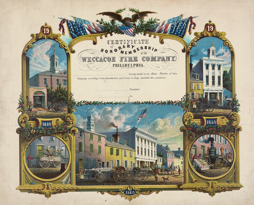 James Fuller Queen - Certificate of honorary membership of the Weccacoe Fire Company, Philadelphia