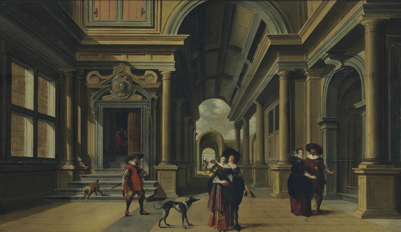 Dirck Van Delen - Elegant figures in a courtyard