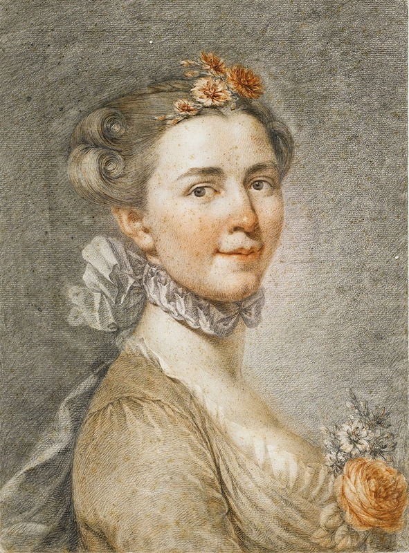 German School - Portrait Of A Lady With Flowers In Her Hair And Bodice
