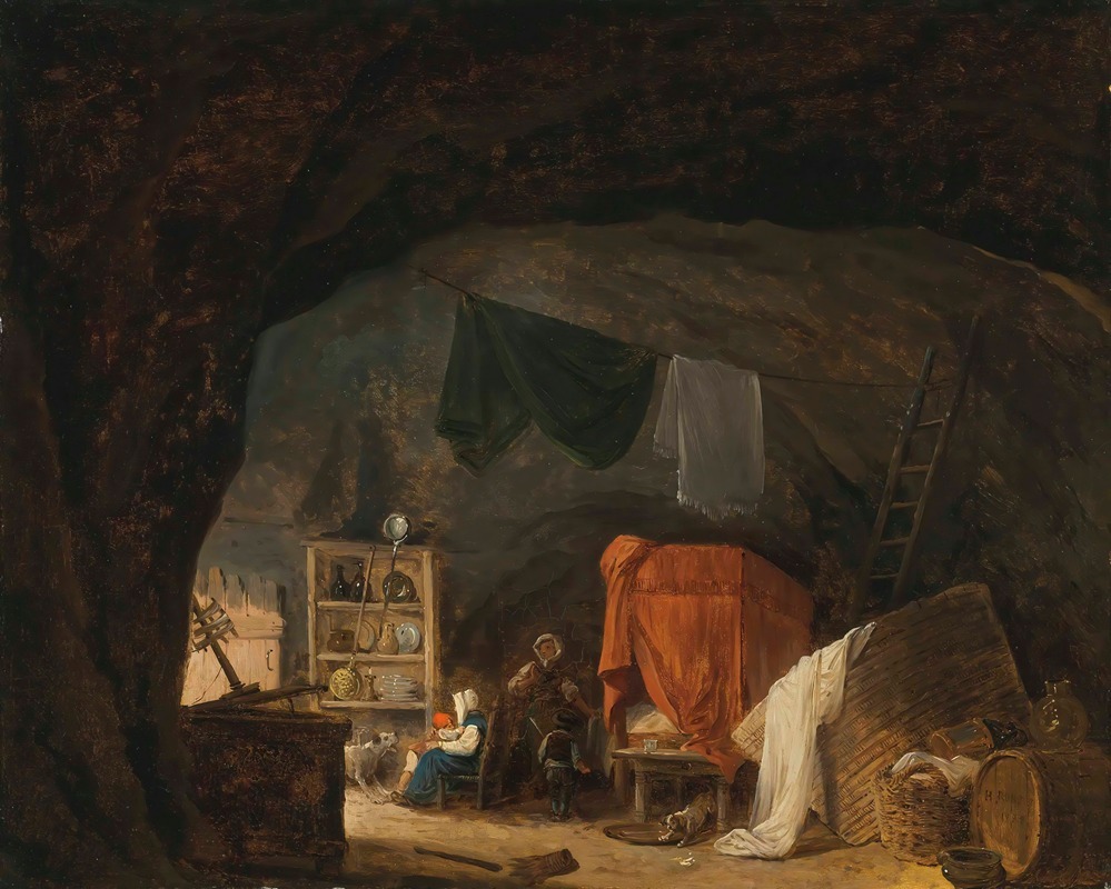Hubert Robert - A Family In A Cave Interior